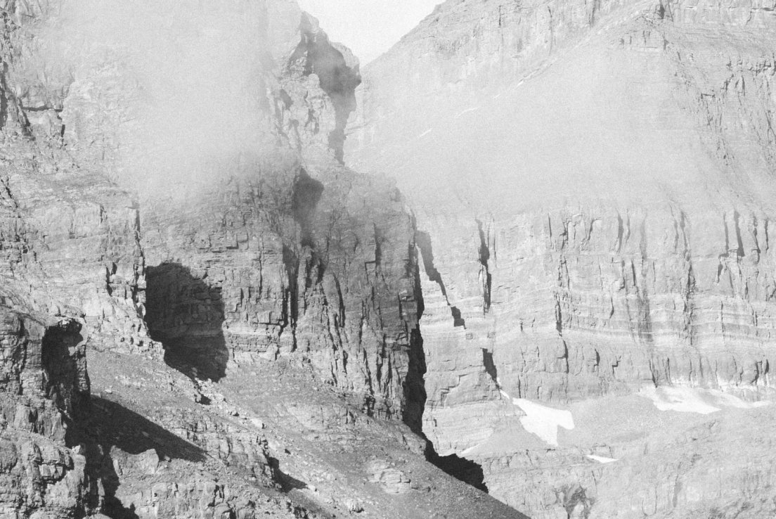 Closeup of mountain relief above Bow Lake