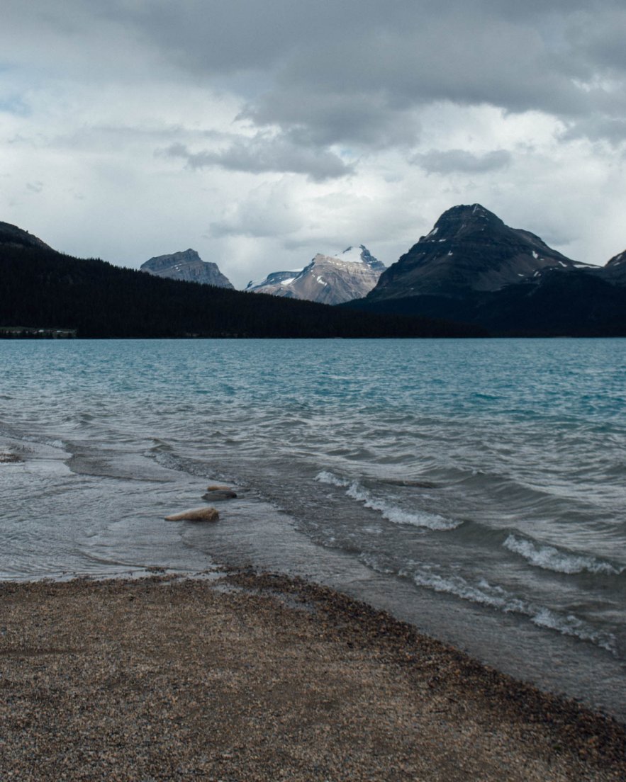 Shore of Bow Lake on a cloudy afternoon
