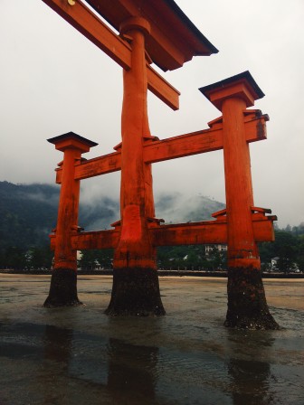 Close view of the great torii of Miajima on a rainy day