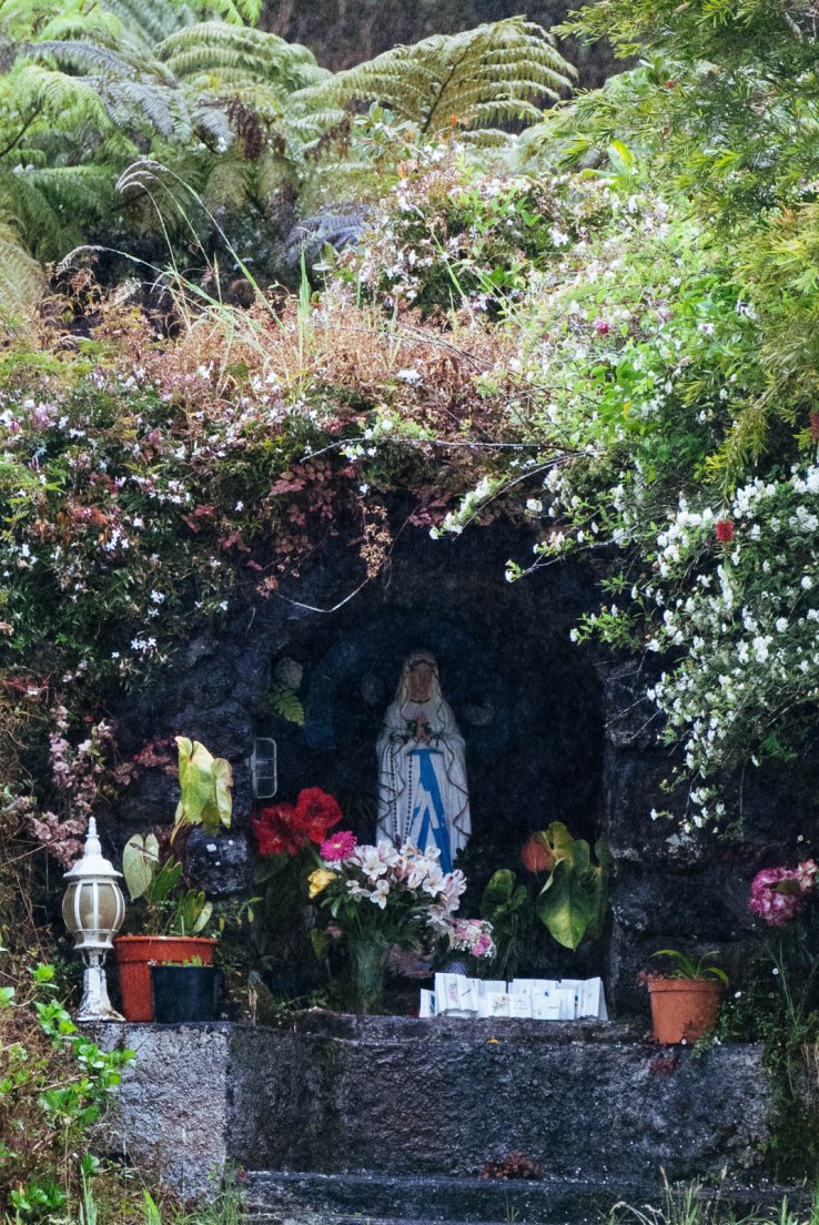 Virgin Mary shrine in the wilderness decorated with planted flowers