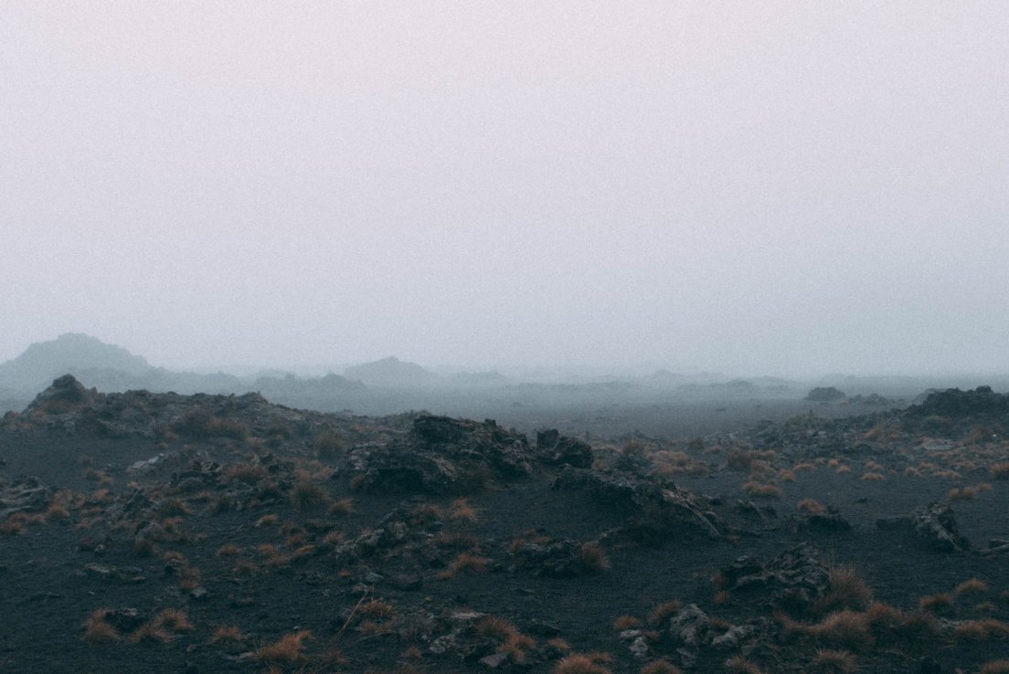 Foggy lava field at the Piton de la Fournaise