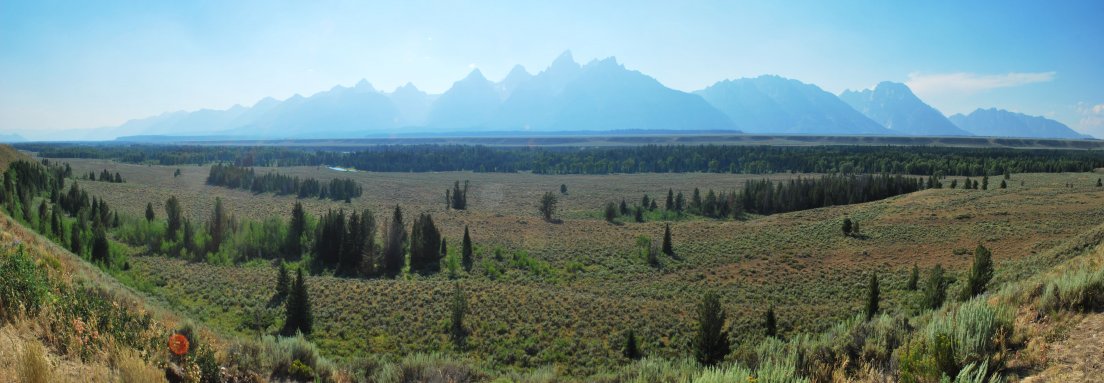 Panoramic view of Grand Teton and the other mountains