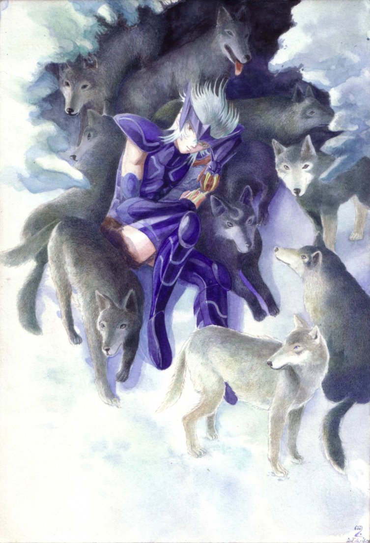 watercolour fanart of Fenrir of Alioth (イプシロン星 アリオトのフェンリル) from Saint Seiya surrounded by wolves in the snow