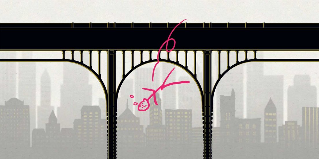 Cartoon of a stick figure jumping from the bridge in a website layout I made for francoisamoretti.com
