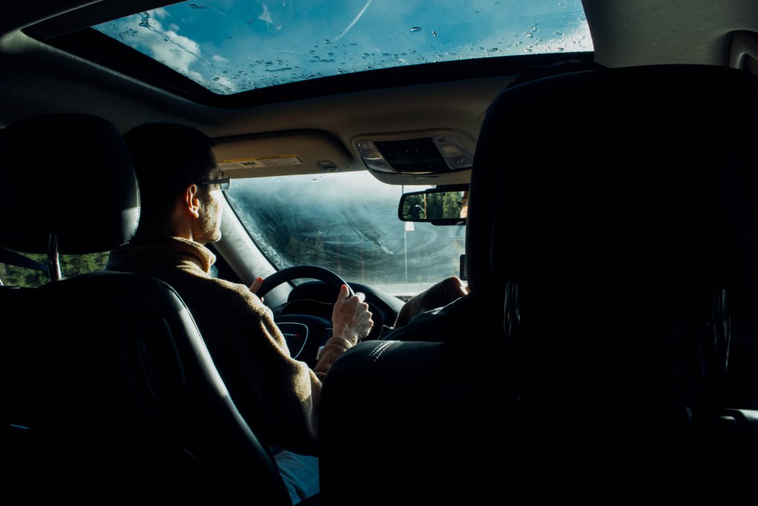 Driving a rental car view from the inside, Icefields parkway between Banff National Park and Jasper National Park #001, 31 july 2016 Driving a rental car view from the inside