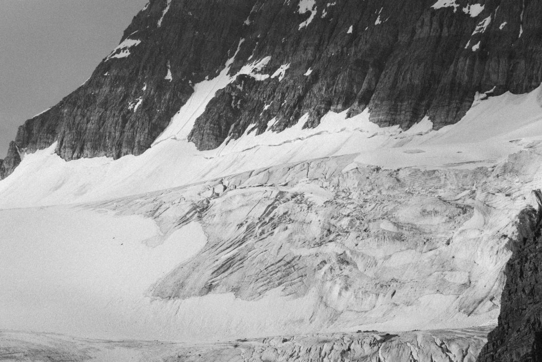 Closeup of snowy mountain relief above Bow Lake