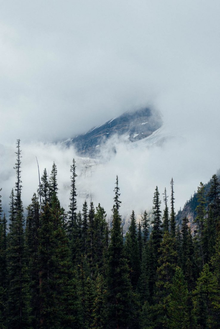Mountain fading under massive white clouds, Icefields parkway between Banff National Park and Jasper National Park #067, 31 july 2016 Mountain fading under massive white clouds