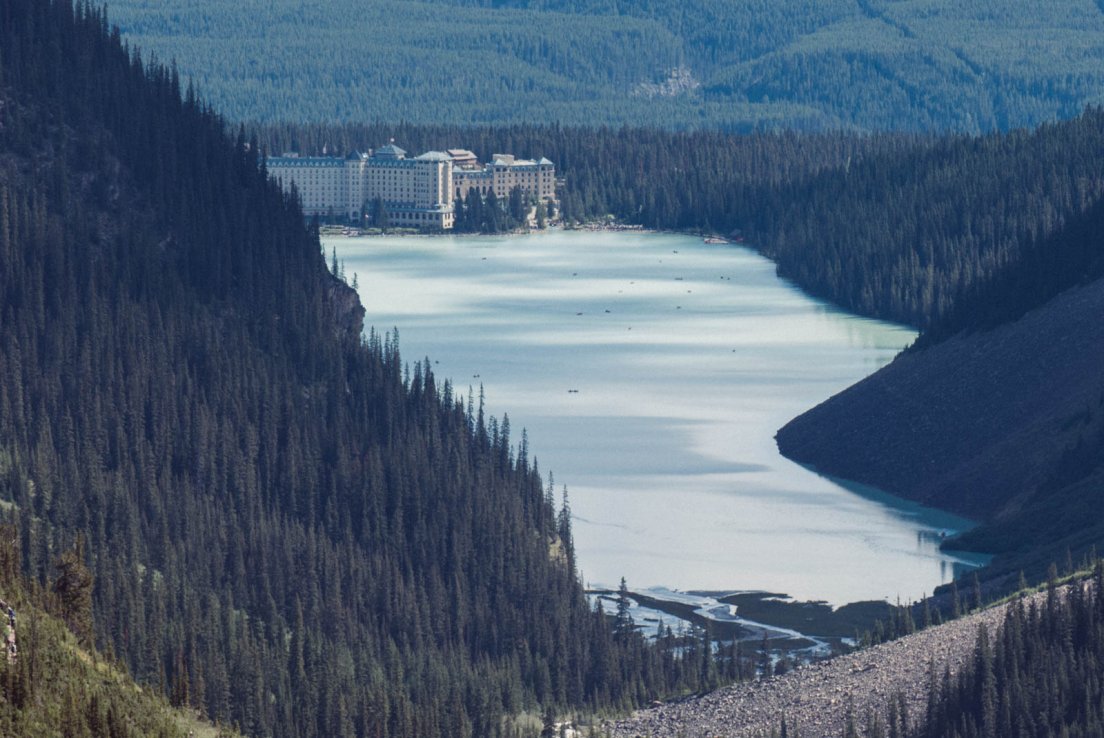Castle of Lake Louise and the lake seen from the Three Glaciers Trail