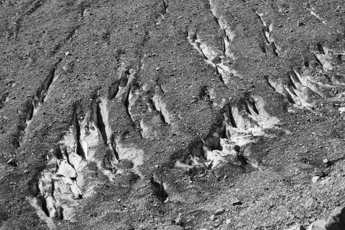 Black and white photograph of an icefield texture on the Three Glaciers Trail