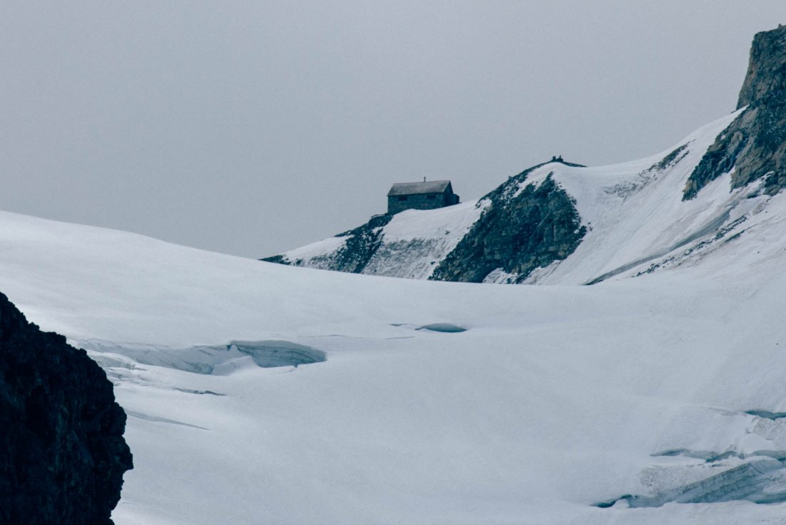 Closeup of a cabin on one of the glaciers on the Three Glaciers Trail