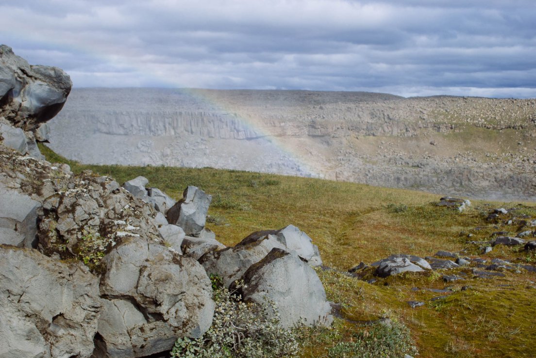A rainbow occurring above an unseen waterfall on a cloudy day, Dettifoss #003, Iceland, 3rd august 2017, juil. 2019