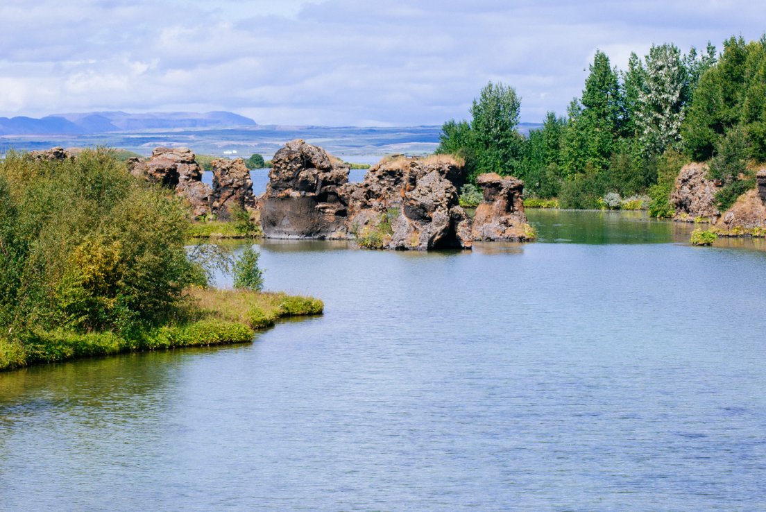 Dimmuborgir in the middle of the lake on a sunny summer day