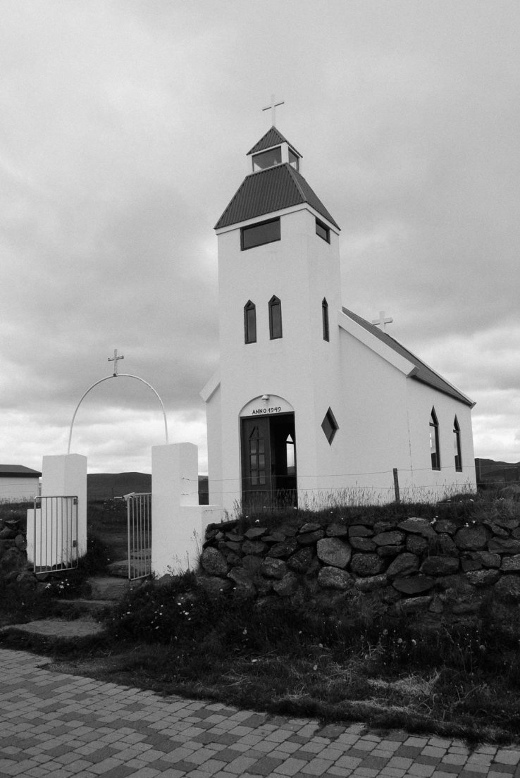 Black and white photograph of an icelandic church dated 1949