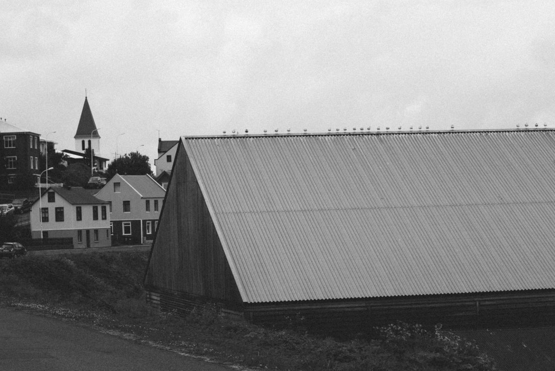 Black and white photograph of seagulls lining up on the roof of the fishery