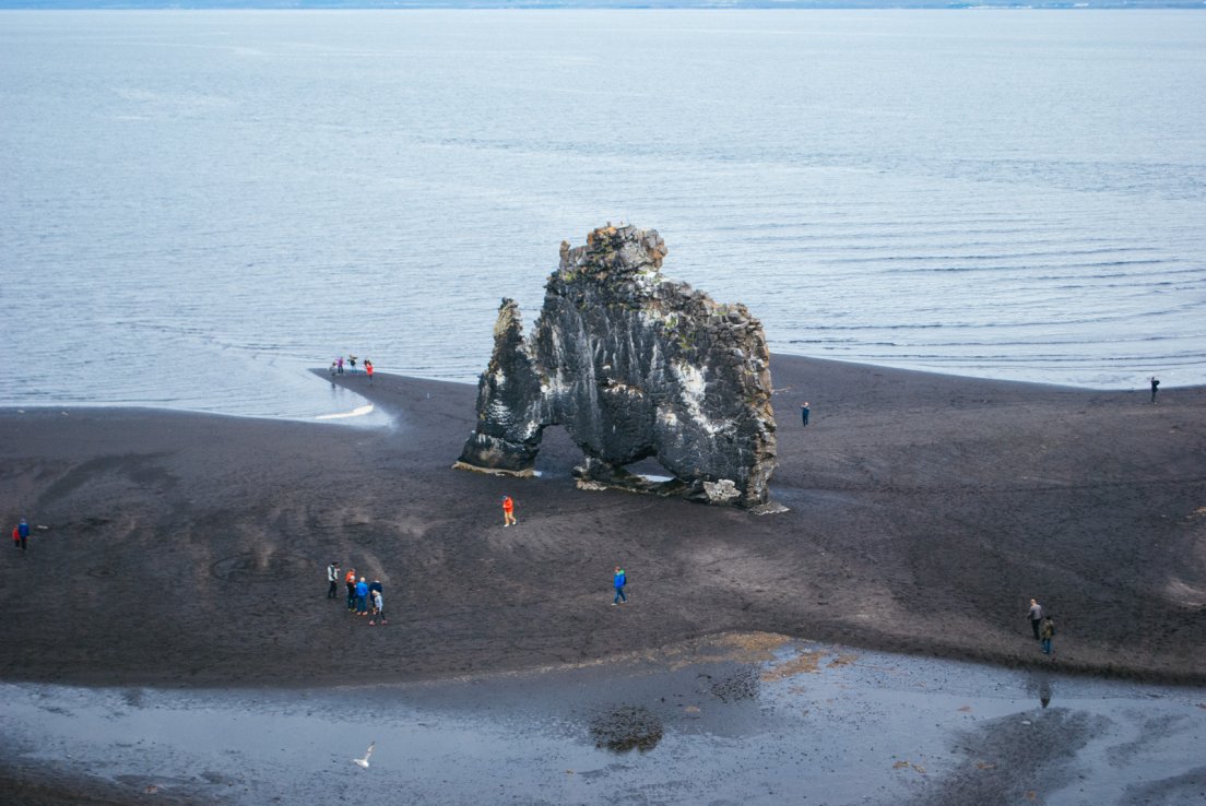 Hvítserkur rock at low tide seen from the cliff above