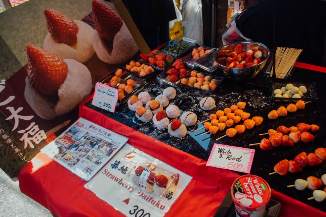 A food stall selling strawberry daifuku