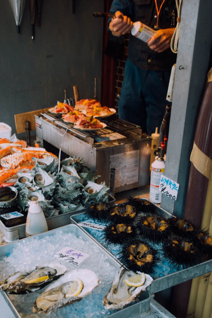 A food stall with abalones, sea urchins and scallops