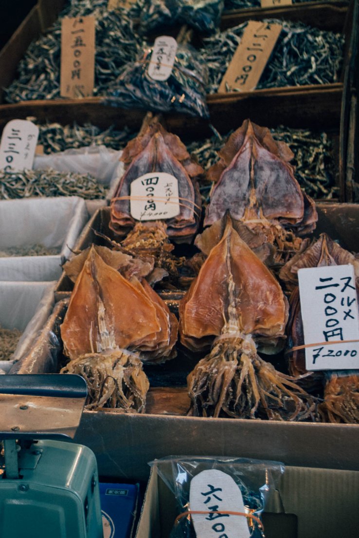 Dried cuttlefishes on display at a stall