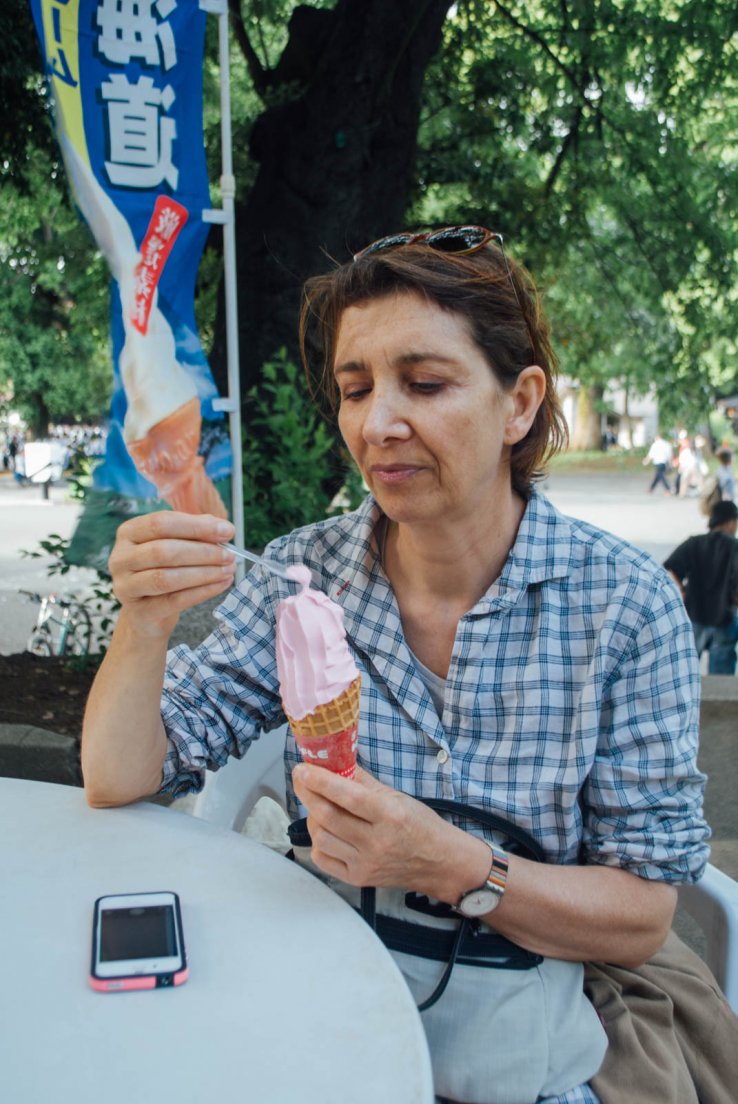 A lady having a sakura icecream