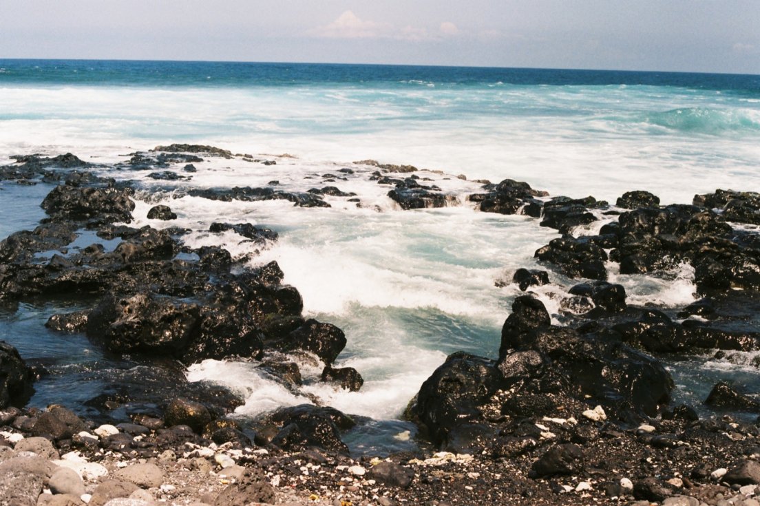 Waves crashing on dark rocks, Saint Pierre, Reunion Island with Canon AV-1 #010, 15 october 2016