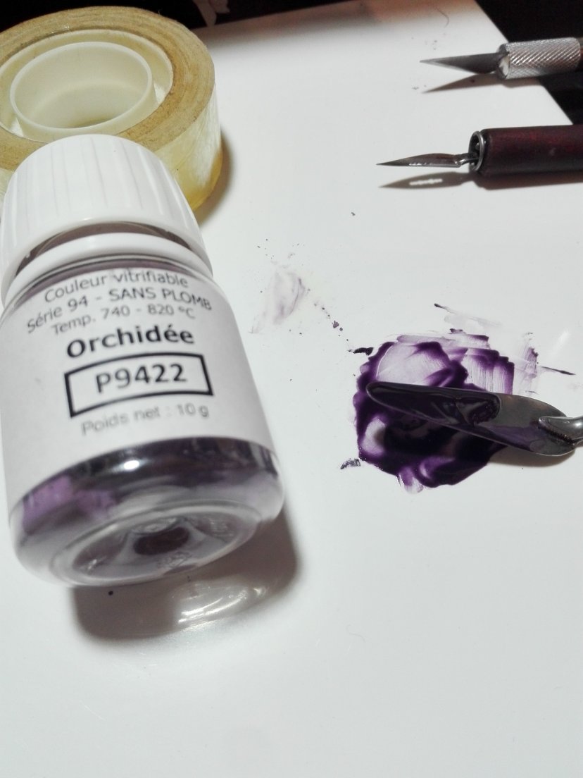 Orchidée shade, actually a purple, from série 94 sans plomb, a type of porcelain paint