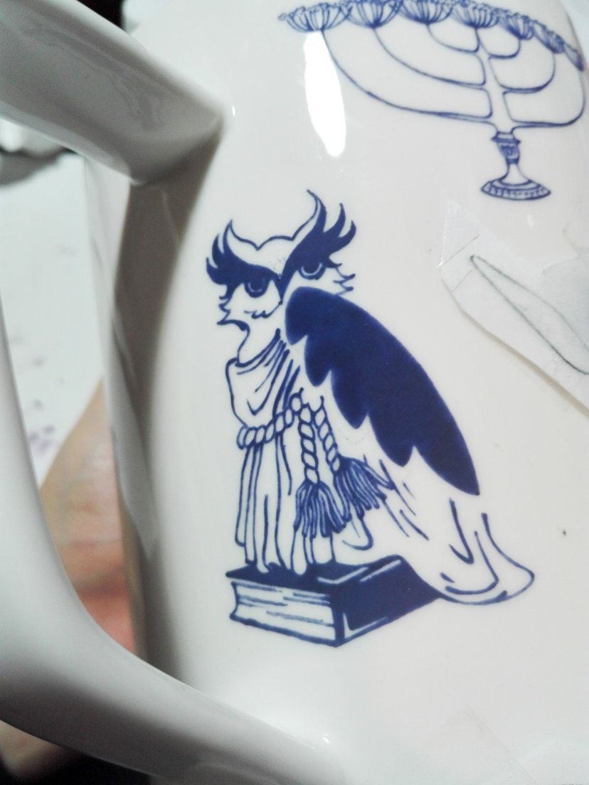 Blue owl detail with uncleaned lines from Enchanteresse, a collection of hand-painted porcelains by messalyn