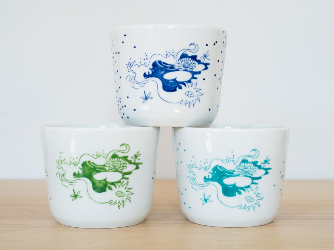 Front view of the three Nénuphar teacups actually in existence from Enchanteresse, a collection of hand-painted porcelains by messalyn, in blue, green and seafoam, oct. 2019