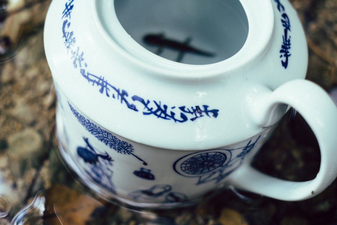 A blurry salamander resting at the bottom of a hand-painted teapot from the Enchanteresse collection, centered around the faery realm, 1st september 2019 A blurry salamander resting at the bottom of a hand-painted teapot from the Enchanteresse collection, centered around the faery realm